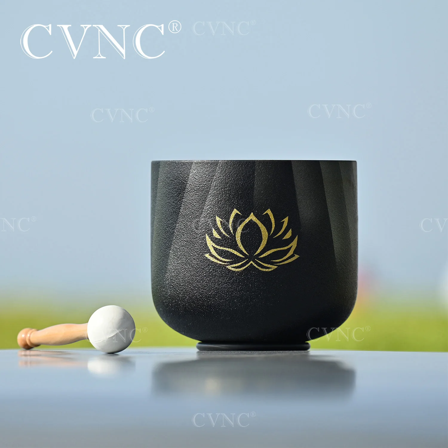 

CVNC 6 Inch Double Black Light Shadow Lotus Quartz Crystal Singing Bowl for Sound Healing with Mallet