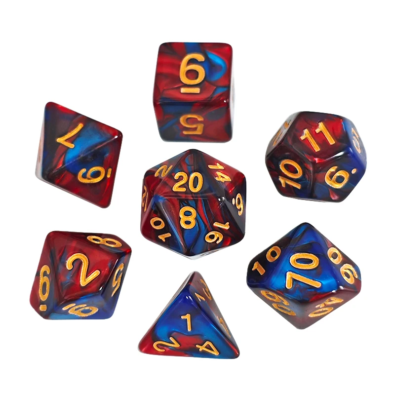 Red Blue Marbled Polyhedral Dice Set, 7pcs Gold Numbered Resin DND Dice for RPG, MTG & Role Playing Games