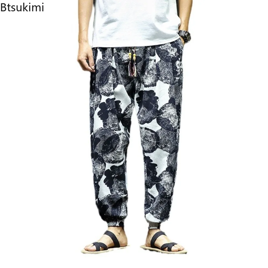 Summer Cotton Linen Pants 2025 Men's Fashion Harajuku Harem Pants Casual Hip Hop Streetwear Male Vintage Baggy Joggers Pants 5XL
