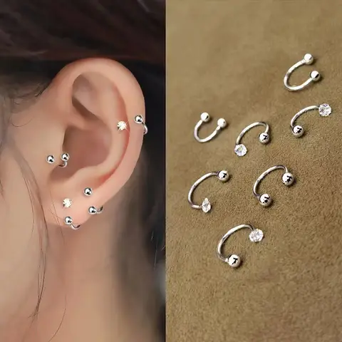 1 쌍 925 스털링 실버 tragus 피어싱 헬릭스 스터드 귀걸이 여성용 지르콘 후프 코 링 조가비 바디 피어 싱 쥬얼리
