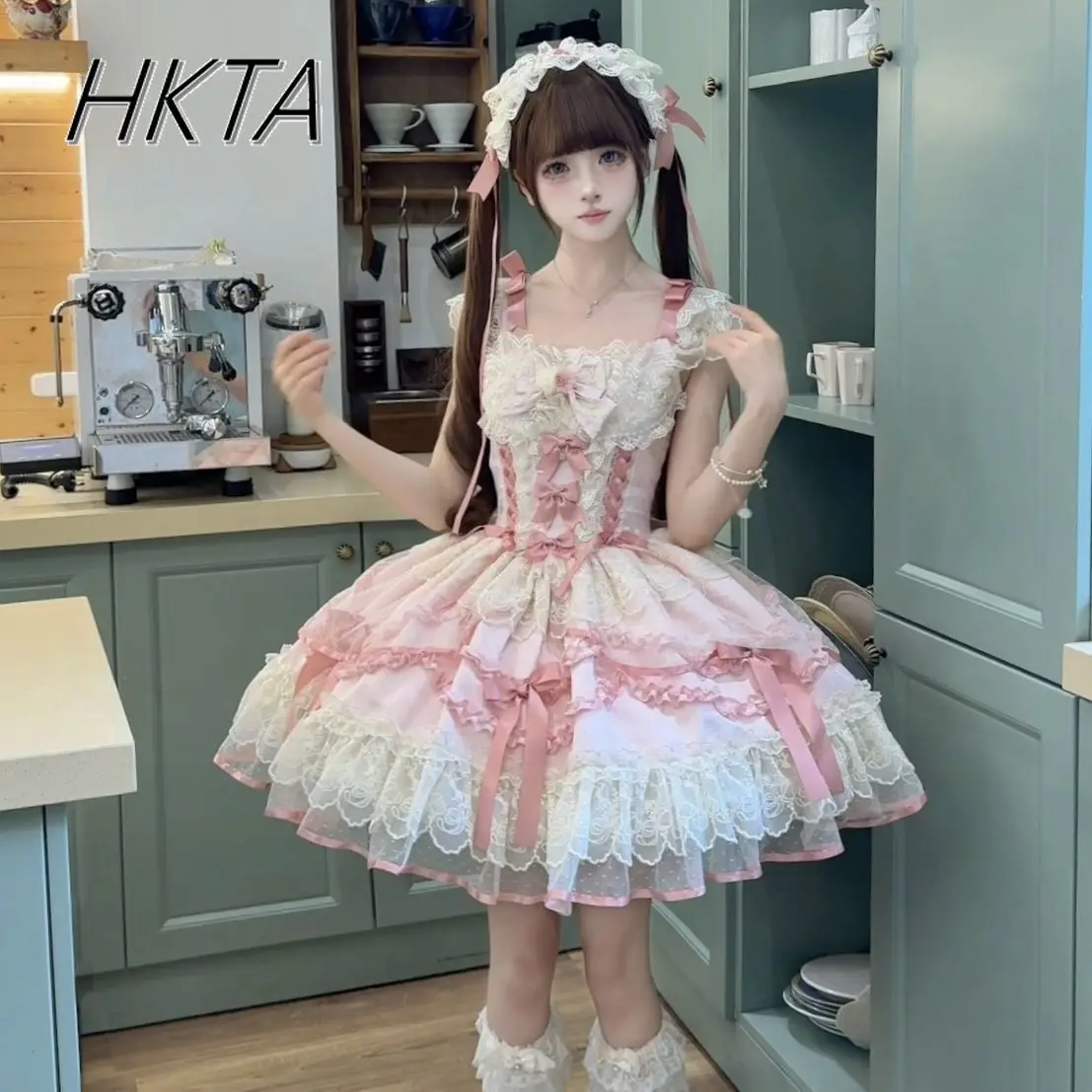 

Lolita Girl Lace Stitching Ballet Princess Dress Kawaii Pink Suspender Dresses Women Sweet Cute Slim Pleated Bow Ball Gown Dress
