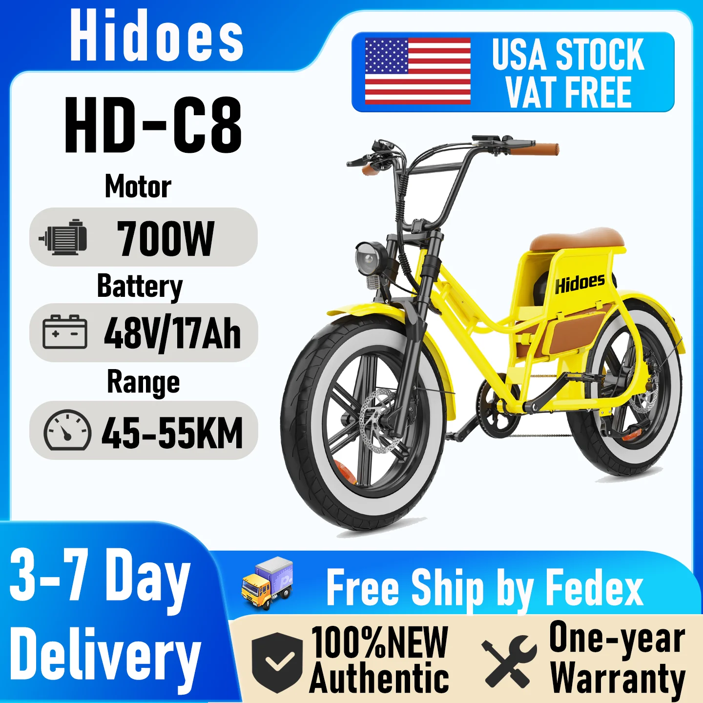 

Hidoes C8 E-bike 700W Motor 48V17AH Lithium Battery Electric Bike Adult 20*4 Inch Off-road Fat Tire All-terrain Electric Bicycle