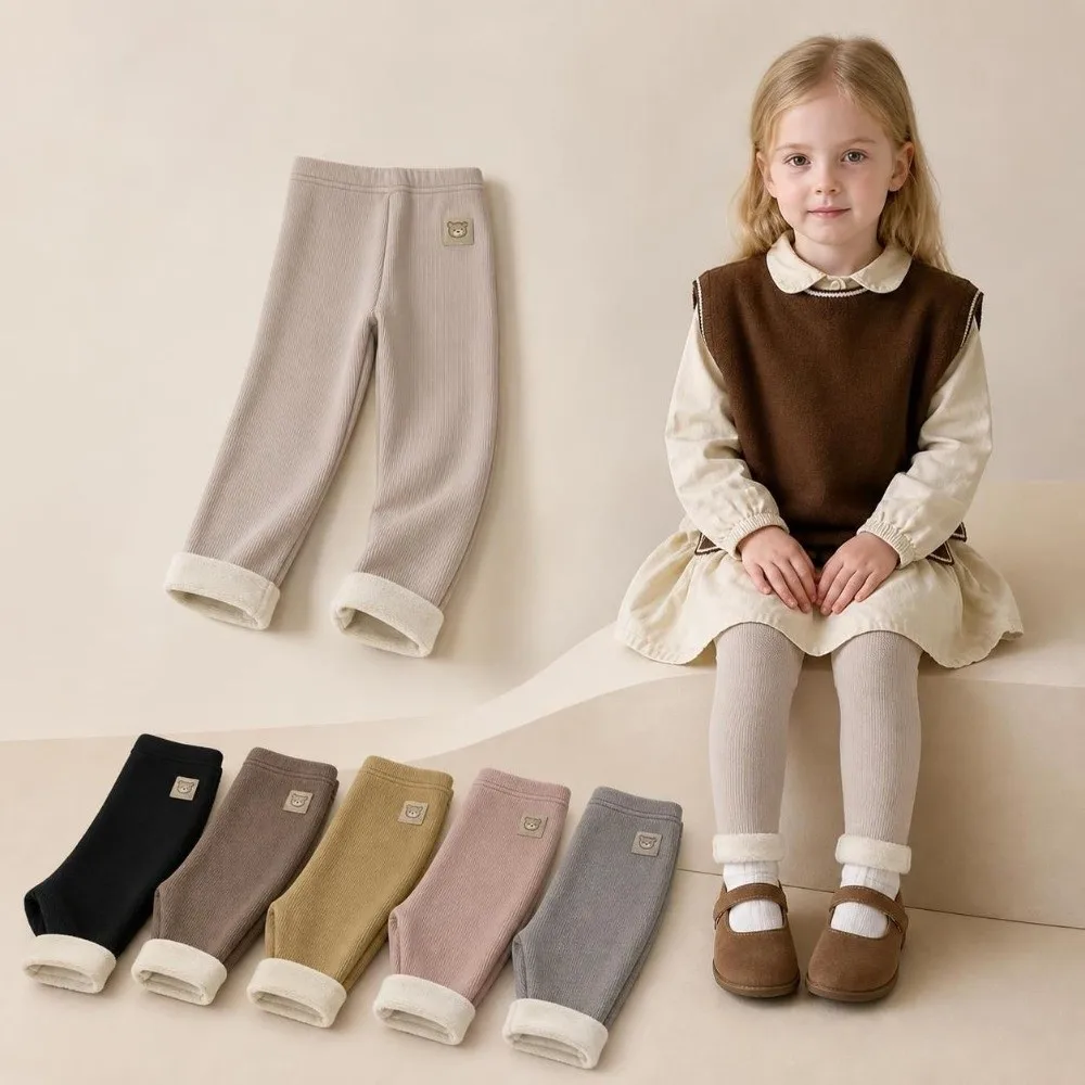 Fleece Lined Legging Soft Fabric Bear Patch Long Pants Socks Elastic Waist Warm Thickness Toddler Pantyhose For Girls Boys