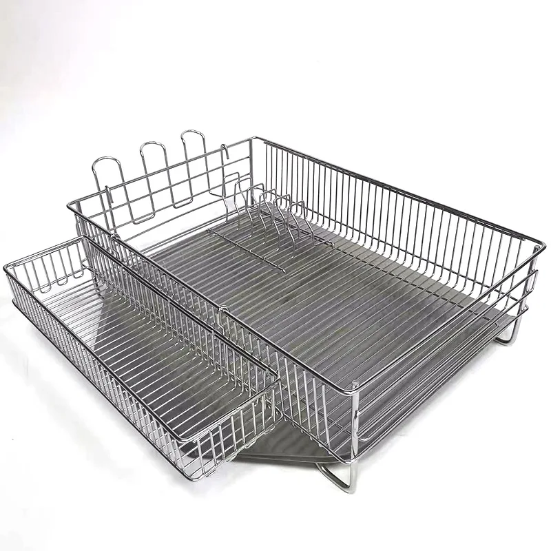 

Korean double-layer tableware storage rack Household stainless steel drain bowl rack Multifunctional kitchen storage