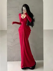 Sexy V Neck High Waist Slim Pleated Long Sleeved Dress Elegant Long Robe Hot Sexy Korean Women Dresses 2024 New Tops 1EOH