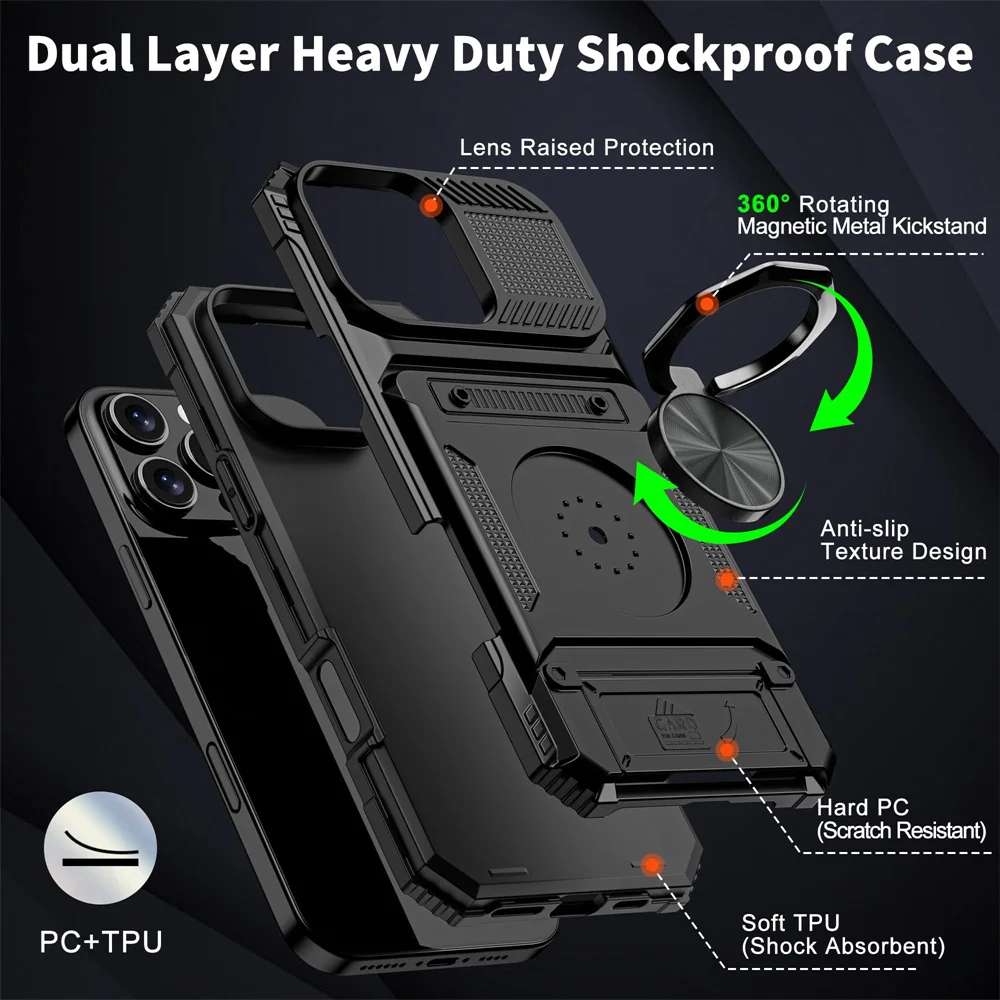 Case For iPhone 16 15 14 13 12 11 Pro Max XS XR 8 7 Plus Magnetic Rotated Ring Kickstand Heavy Duty Drop Protection Wallet Cover