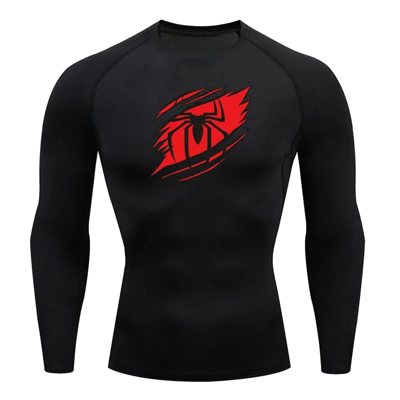 Y2K GYM Compression Tshirts Sport Workout Spider Print T-shirts Mens Running Fitness Tight Long Sleeve Sportswear Top Tee