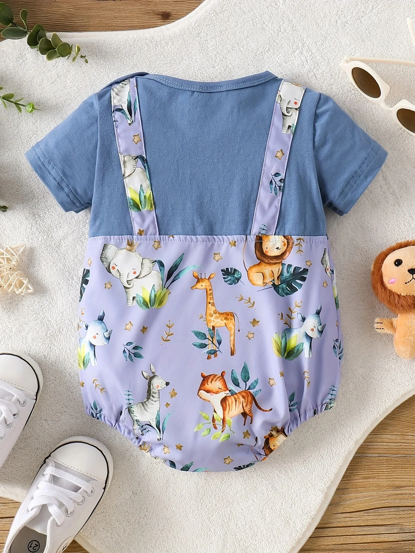 0-2 year old summer new baby boys and girls fake two-piece animal printed short sleeved bun triangle jumpsuit