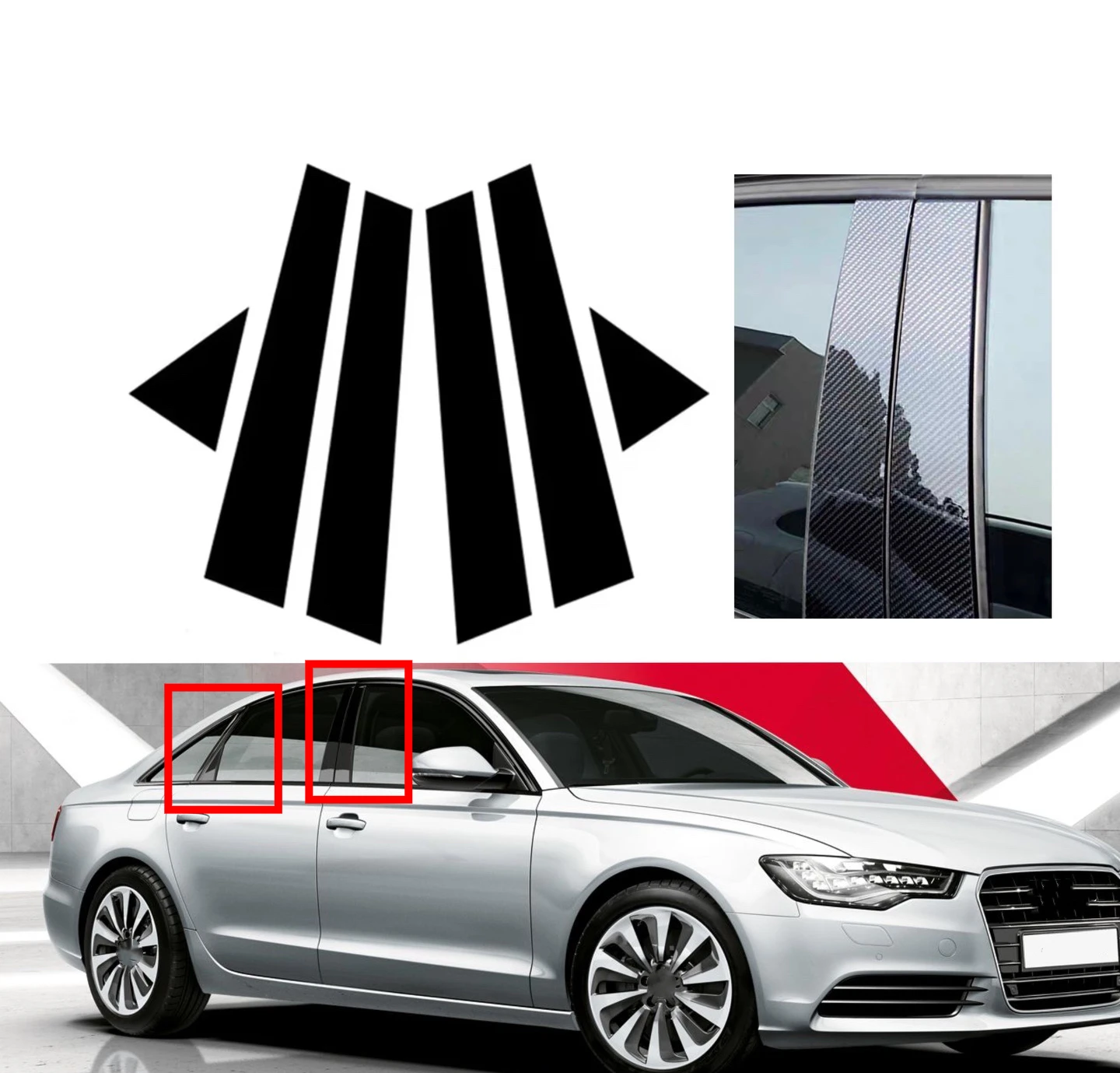 

Fit For Audi A6 C7/4G 2012 2013 2014 2015 2016-2018 6pcs Glossy Black Pillar Post Silver Carbon Door Trim Window Cover Stickers