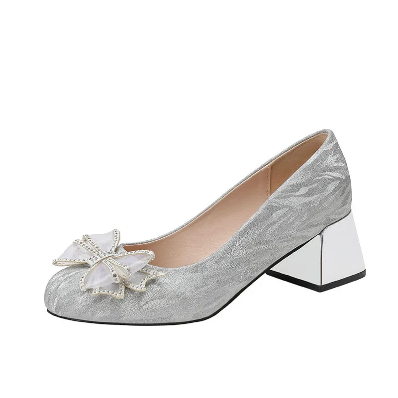 

Большой размер 31–43, золотые свадебные туфли, женская обувь на высоком каблуке, туфли на каблуке с бантом и кристаллами