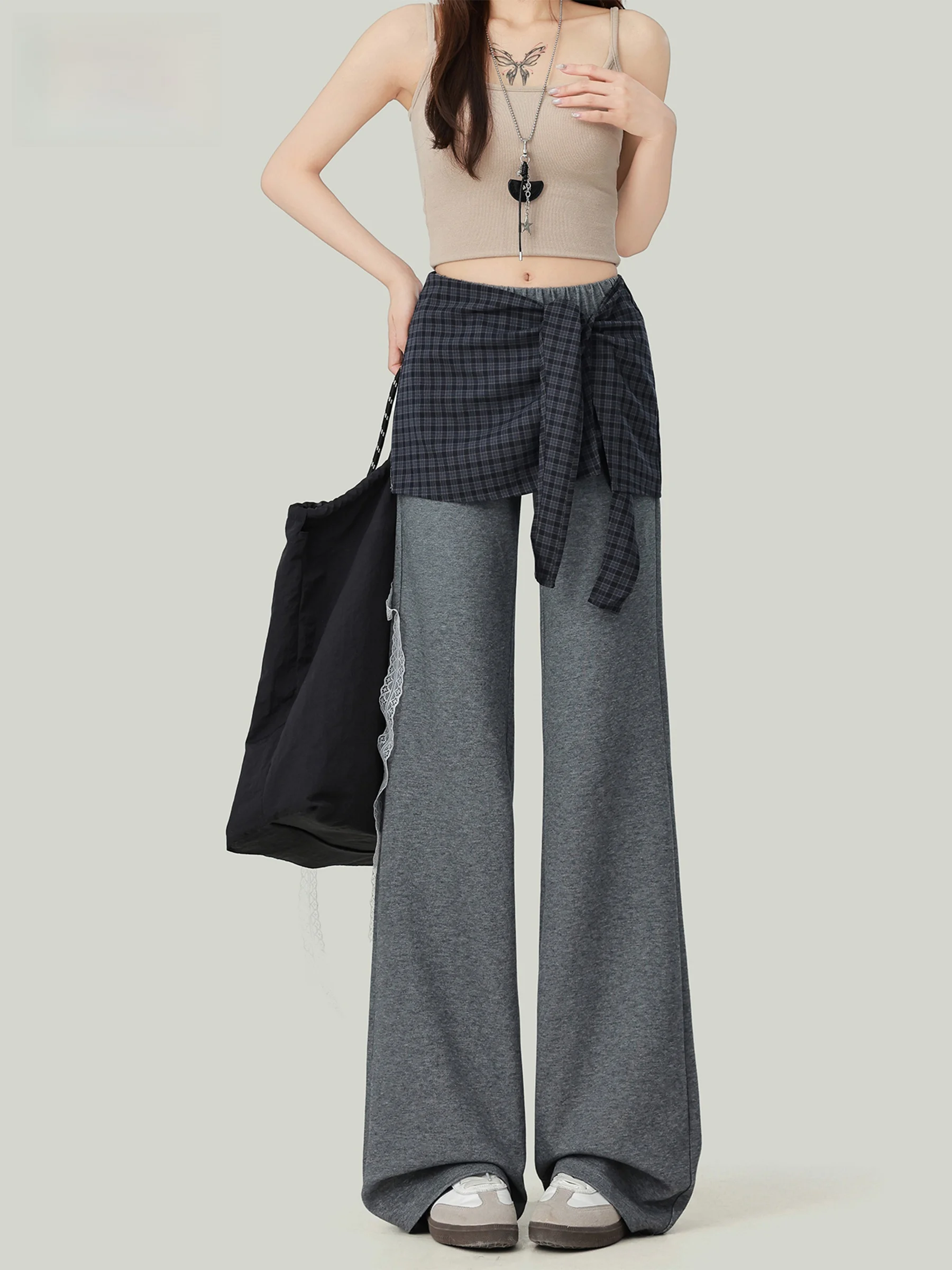 

Женские повседневные брюки в американском стиле с клетчатым узором, слегка расклешенные, для ранней осени, новые, уличные, свободные, с элементами юбки, расклешенные от низа