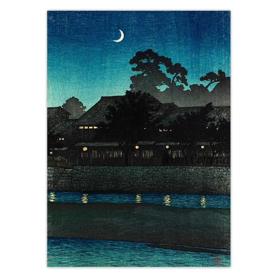 Crescent Moon and Tea Houses Kanazawa Hasui Kawase Vintage Japanese Wall Art Poster Woodblock Canvas Print Home Decor Gift