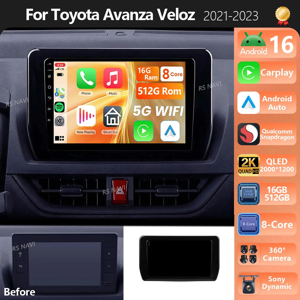 Android 16 Carplay Auto Qualcomm 2K QLED Screen Car Radio Player For Toyota Avanza Veloz 2021-2023 DSP Multimedia Stereo Wifi 4G