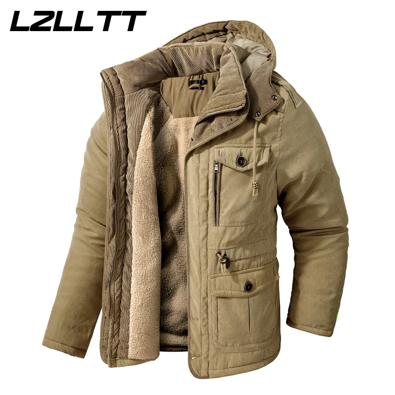 

LZLLTT Men Winter Warm Parkas Mens Fleece Detachable Hat Jacket Parkas Men Casual Cotton Outdoor Fur Trench Padded Jackets Coats