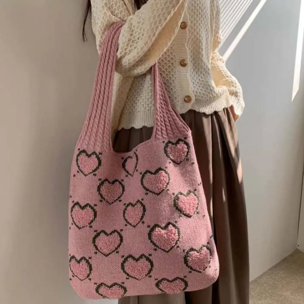 Color Blocking Knitted Love Handbag Shopping Bag Large Capacity Crochet Tote Bag Underarm Bag Storage Bag Love Shoulder Bag