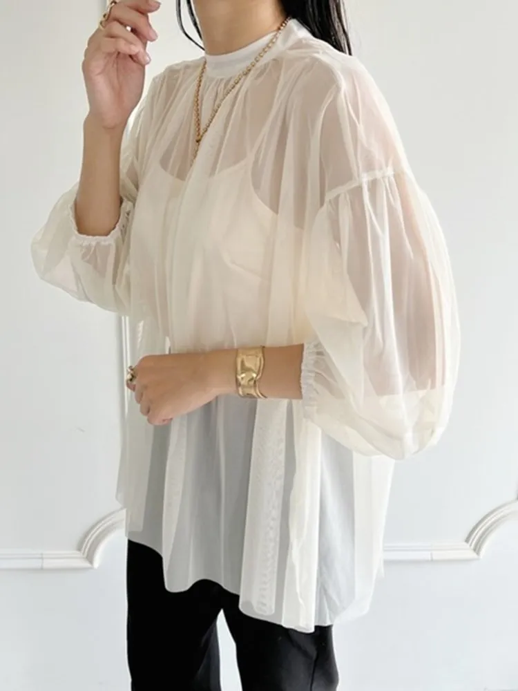 ECR Casual Patchwork Sheer Mesh Blouses For Women Round Neck Long Sleeve Minimalist Solid Loose Shirts Female Spring Fashion New