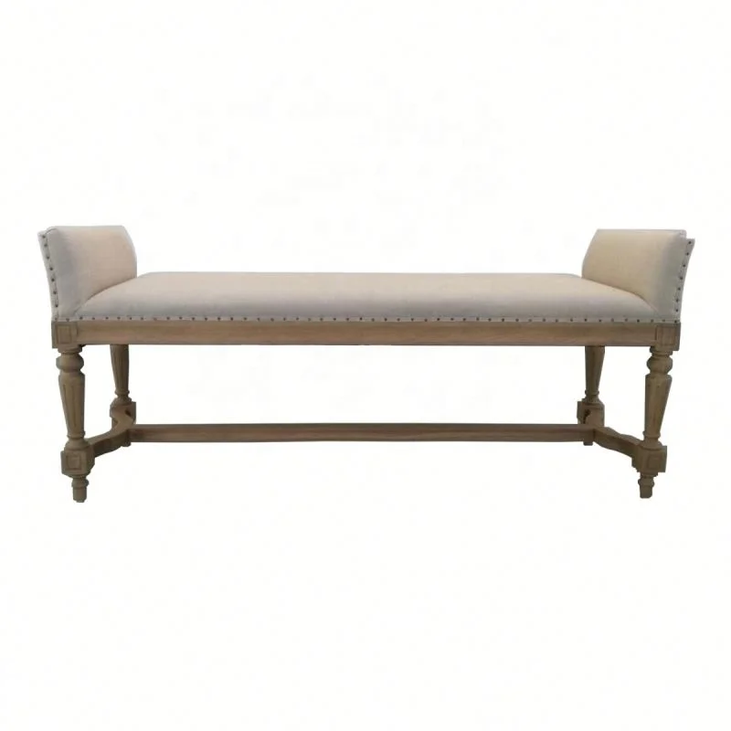 Antique Oak Frame Bedroom Armrest Upholstered Fancy Linen Bench Bedside Stool Lounge Bedroom Ottoman