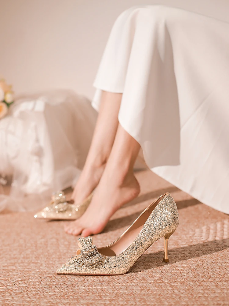 

Beautiful Temperament Golden Rhinestone Crystal Women's 2024 New Shoes Wedding Dress High Heels 7070