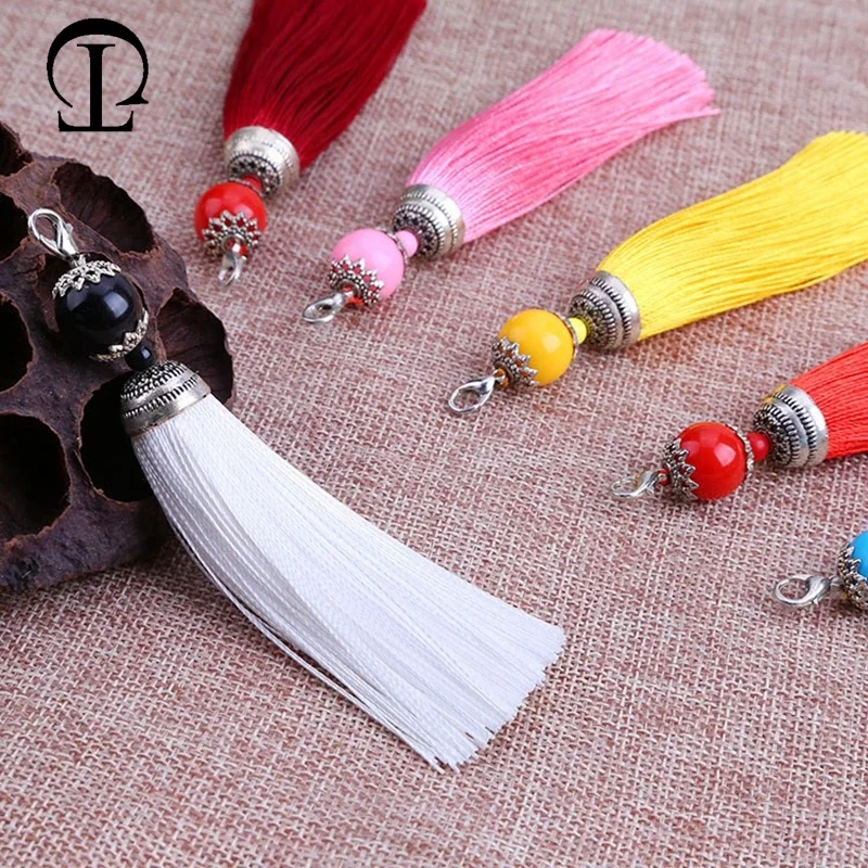 2Pcs/Lot  Lobster Clasp Tassel Silk Fringe Key Chain Beads Long Tassel Pendant for DIY Crafts Jewelry Making Home Decor