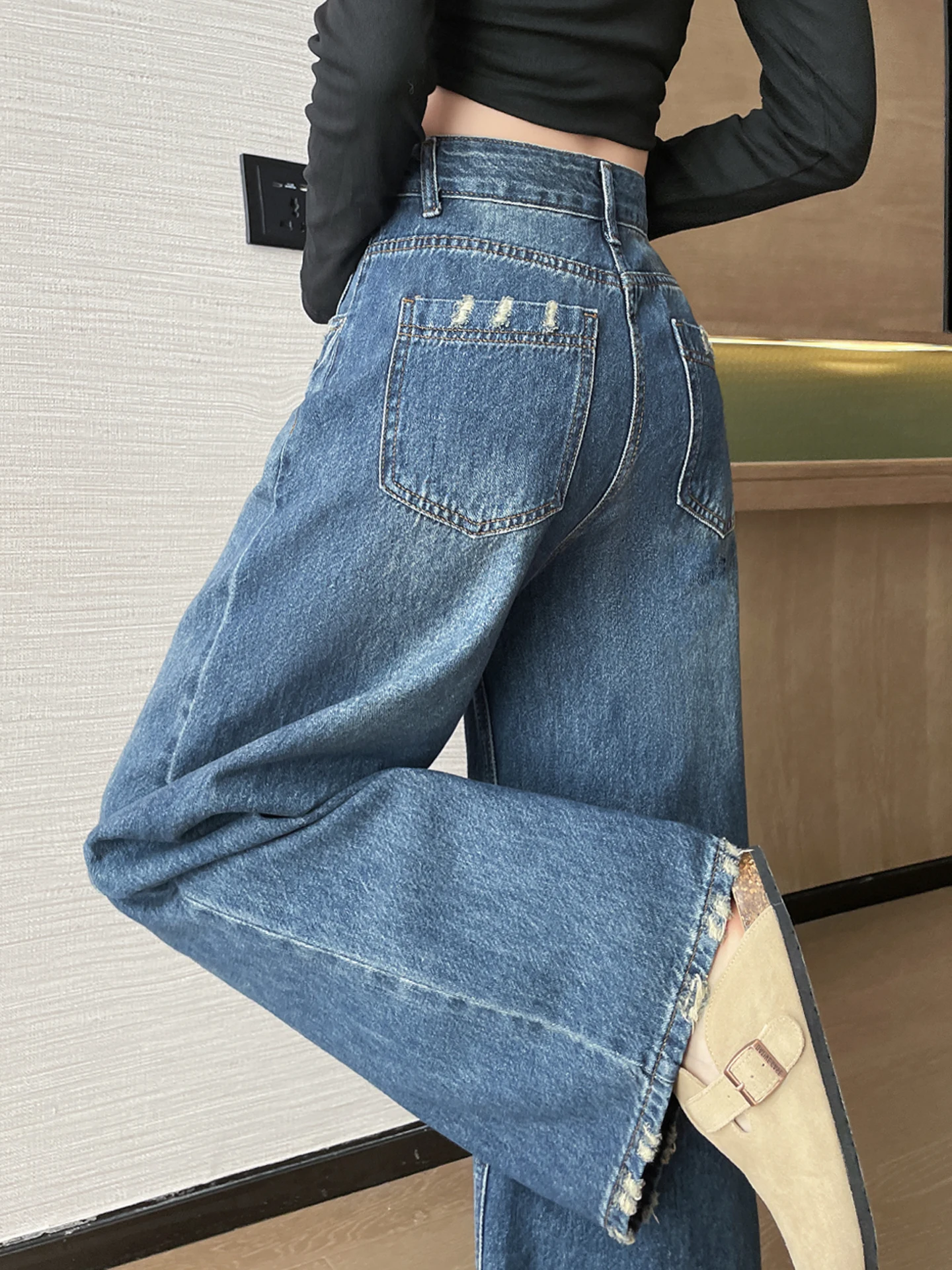 

Retro High Waist Denim Jeans Women's Spring Autumn 2026 New Small Size Slim Straight Drapey Floor-Length Wide Leg Pants