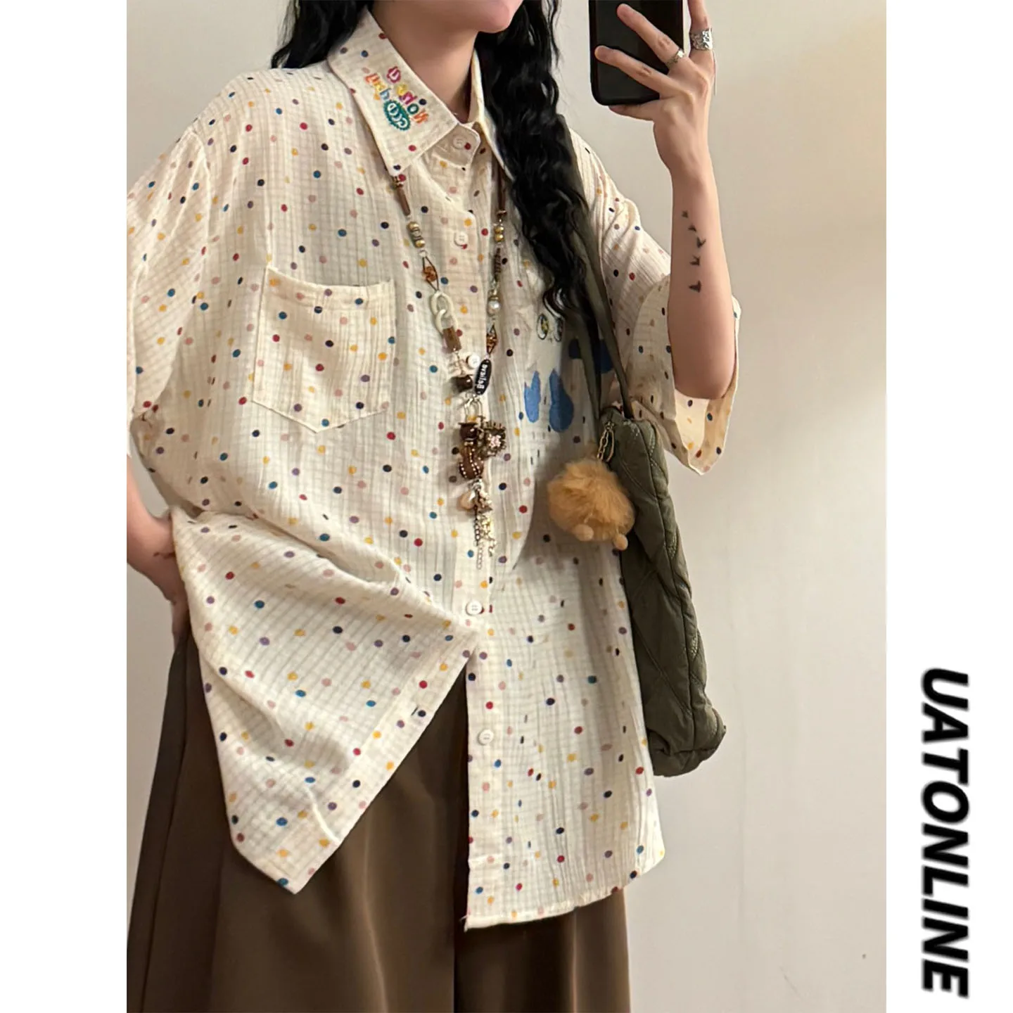 

UATONLINE Trendy Cartoon Polka Dot Embroidery Short Sleeve Casual Women's Shirt Open Cardigan Outerwear Street Style Loose Fit