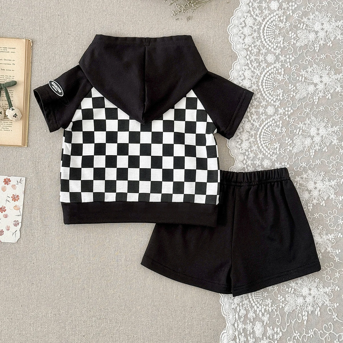 Summer Baby Cotton Set Infant Cartoon Checkerboard Hoodie Top+shorts Outfits Casual Children Sweatsuits Suitable for 0-3Y