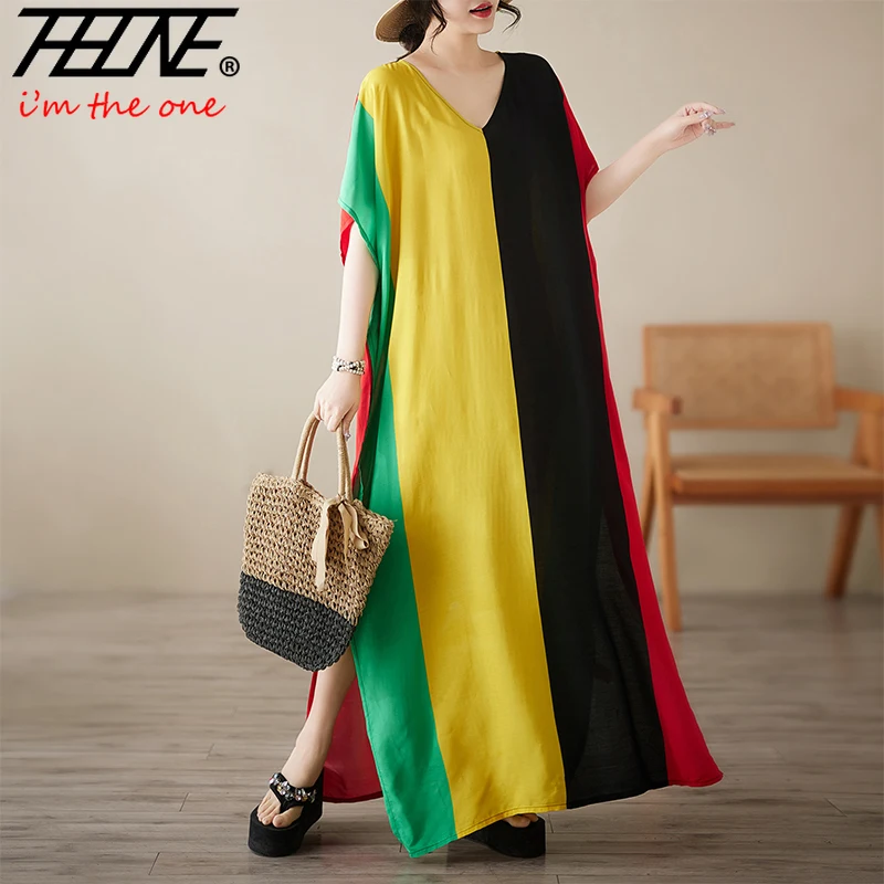 THHONE Plus Size Kleid Damen Sommer Bohemian Beach Style Vintage Urlaub Lose V-Ausschnitt Lässige Damenkleidung Lang Neu in Kleidern