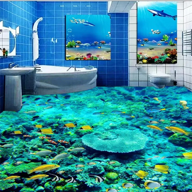 Custom floor 3d mural three-dimensional dazzling underwater world dolphin fresco living room bathroom floor decorative painting