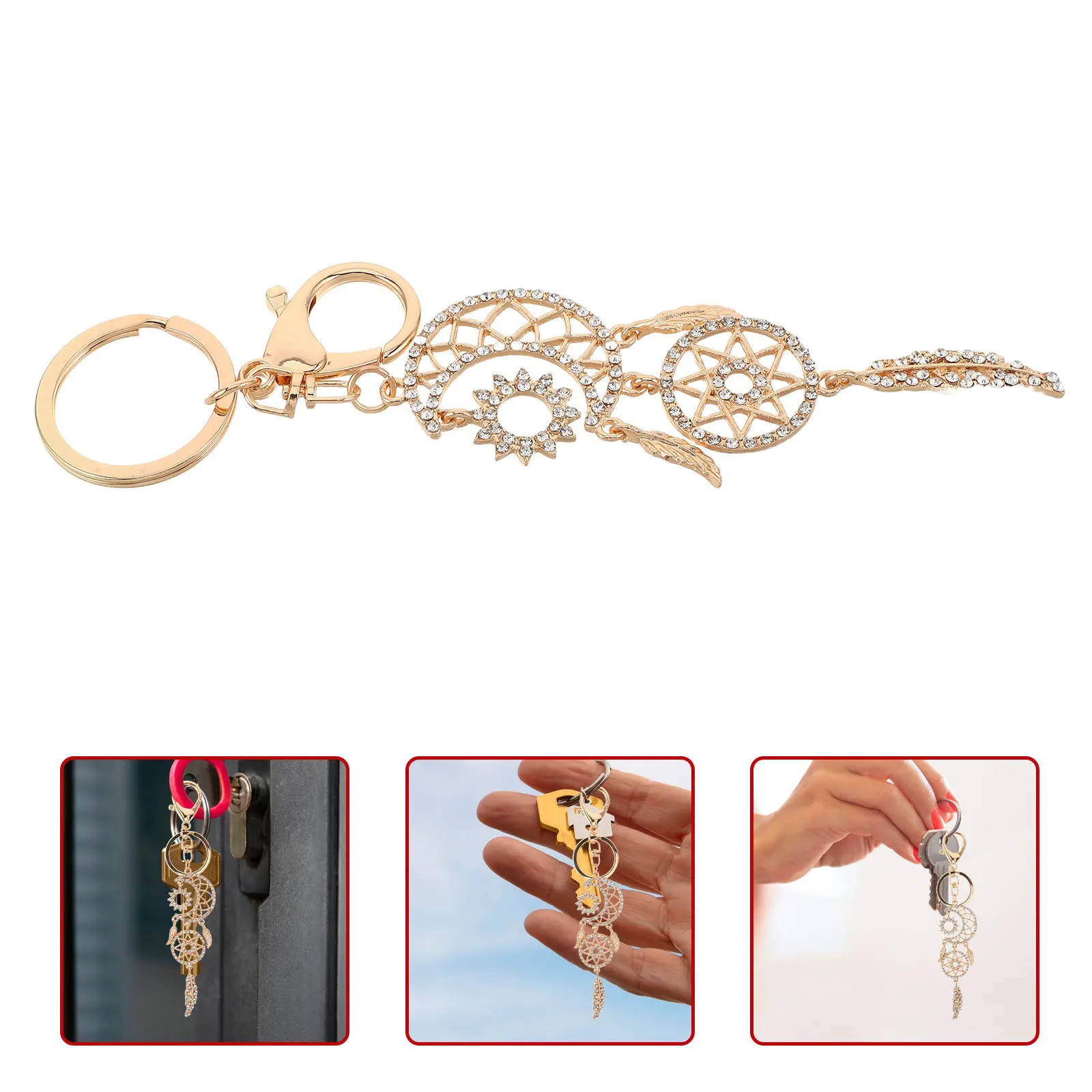 Dreamcatcher Keychain Rhinestone Moon Bag Charm Boho Dream Catcher Car Hanging Ornament Lucky Purse Charm for Women Rearview