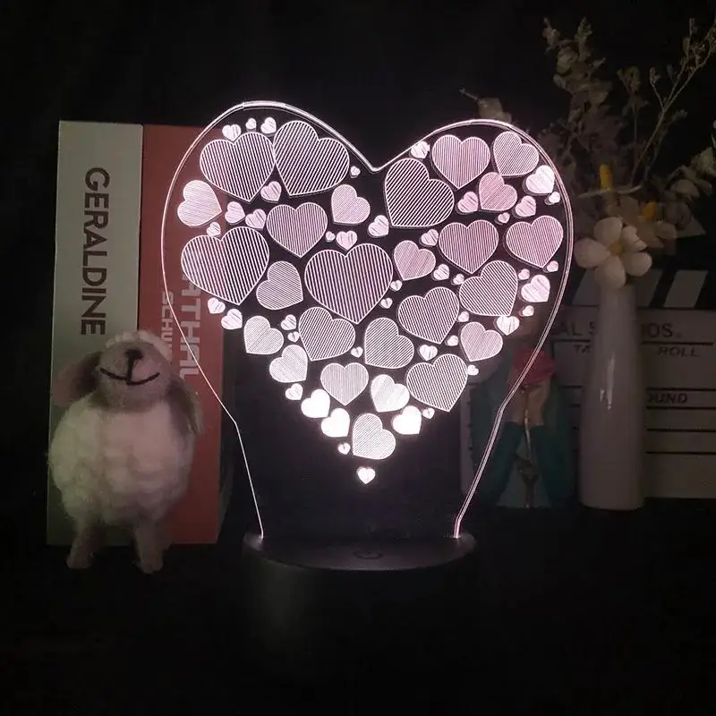 3D Lamp Heart-shaped Love Model Night Light 7 Colors Changeable Bedroom Atmosphere Light for Xmas Valentine's Day Festival Gifts