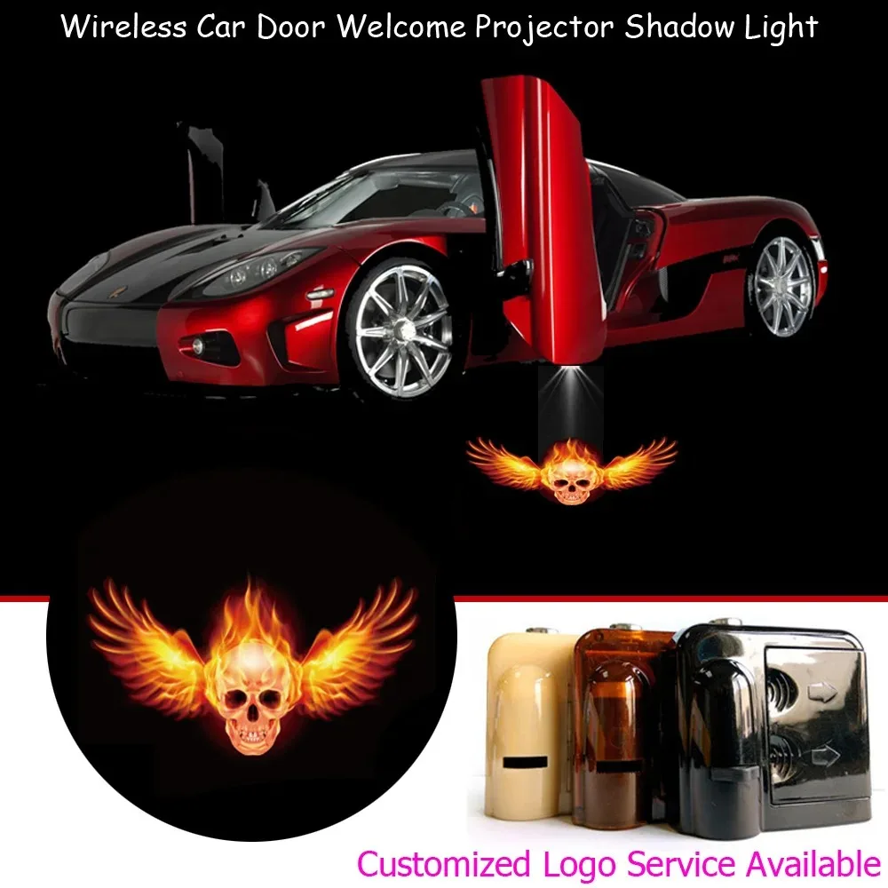 

2 Pieces Flaming Skull Angel Wings Logo LED Ghost Shadow Wireless Laser Projector Car Door Step Courtesy Puddle Welcome Lights