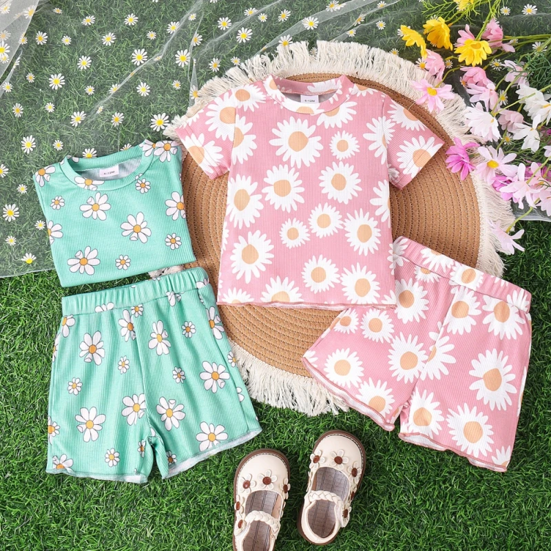 Sommer Baby Kinder Mädchen Kleidung Set 2 stücke Blumen bedruckte T-Shirts Baumwoll shorts passt