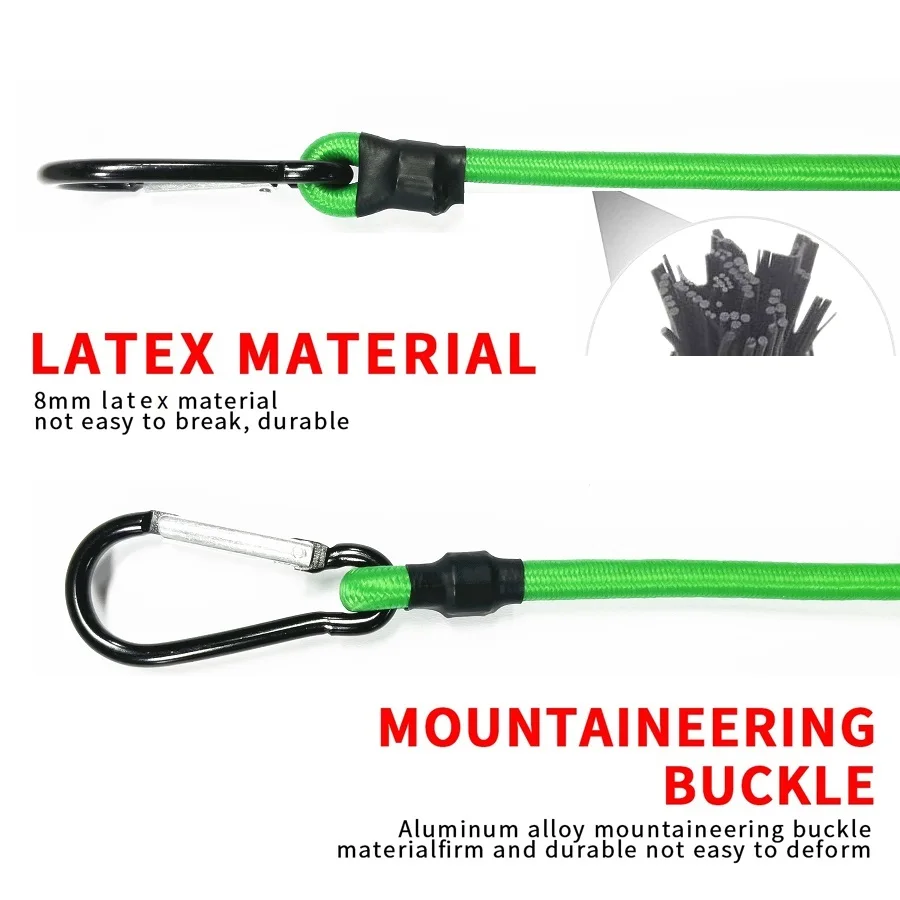 30-150CM Green Stretch Elastic Ropes 8MM Bungee Cords With Hooks Lightweight Bikes Tie Car Luggage Packing Roof Rack Strap