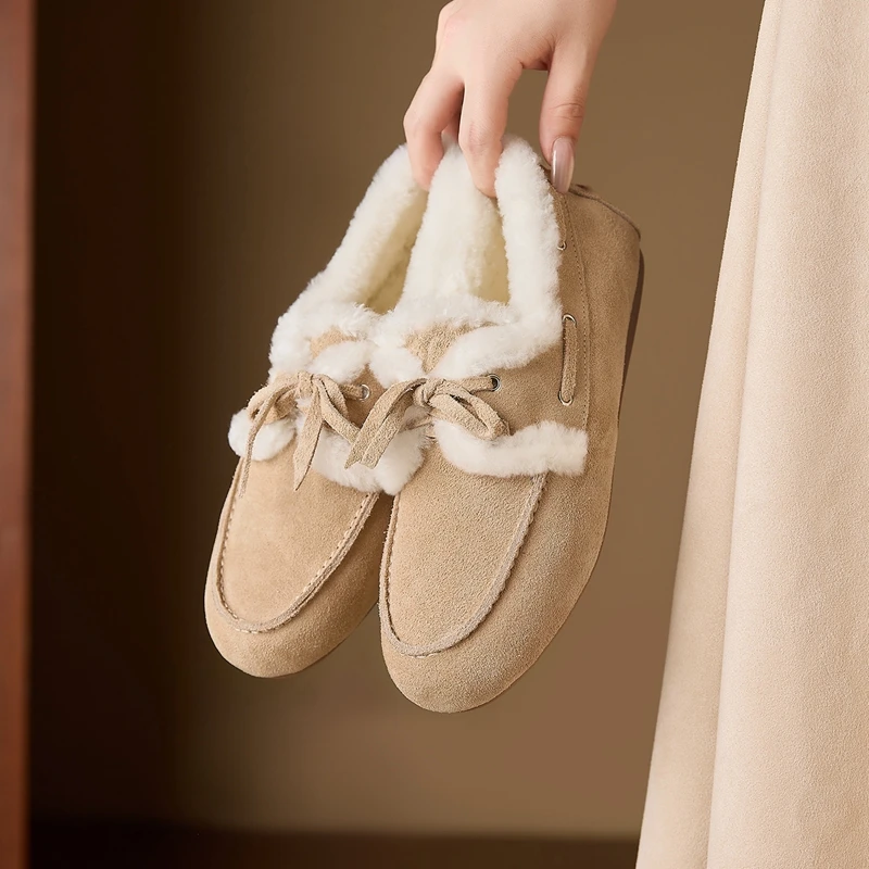 New Trend 2027 Winter Natural Cow Suede 100% Wool Women Flats Casual Ladies Fashion Apricot Brown Round Toe Lace Up Flat Shoes