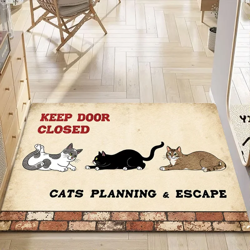 Alfombra de entrada con diseño de gatos divertidos que planean escapar, alfombra de entrada con la inscripción "Keep Door Closed", alfombra lavable antideslizante con impresión plana en 2D