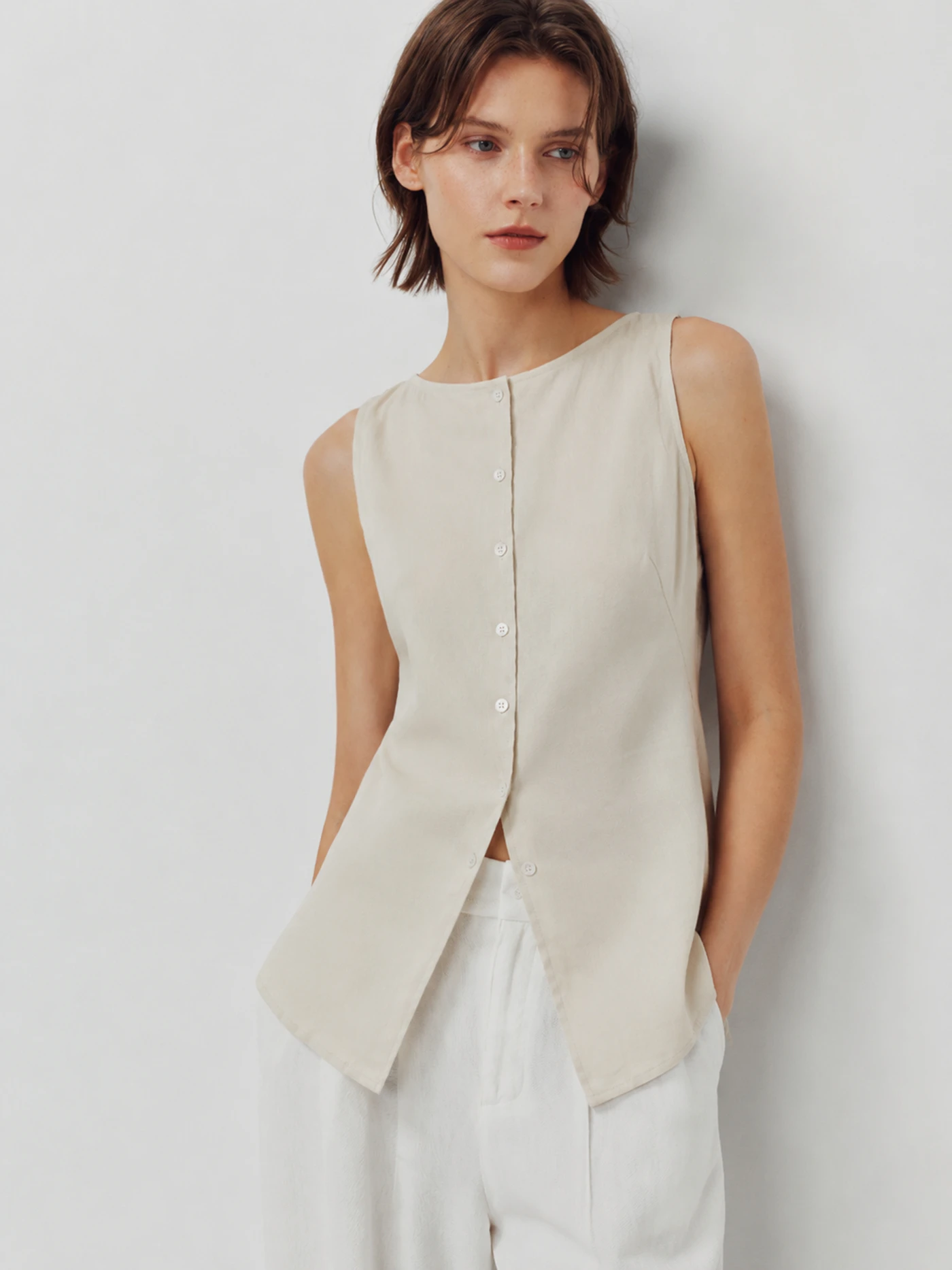 Slimming Effect Linen Blend Sleeveless Vest Simple Commute Versatile Waist-Cinching Women's Fashion Outerwear Top