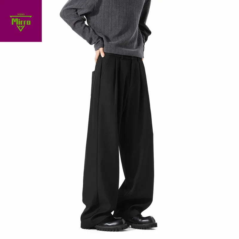 

【Mirrordust】25American Style Loose Straight Casual Pants with Draped Effect Business Elastic Half Elastic Waist Trousers