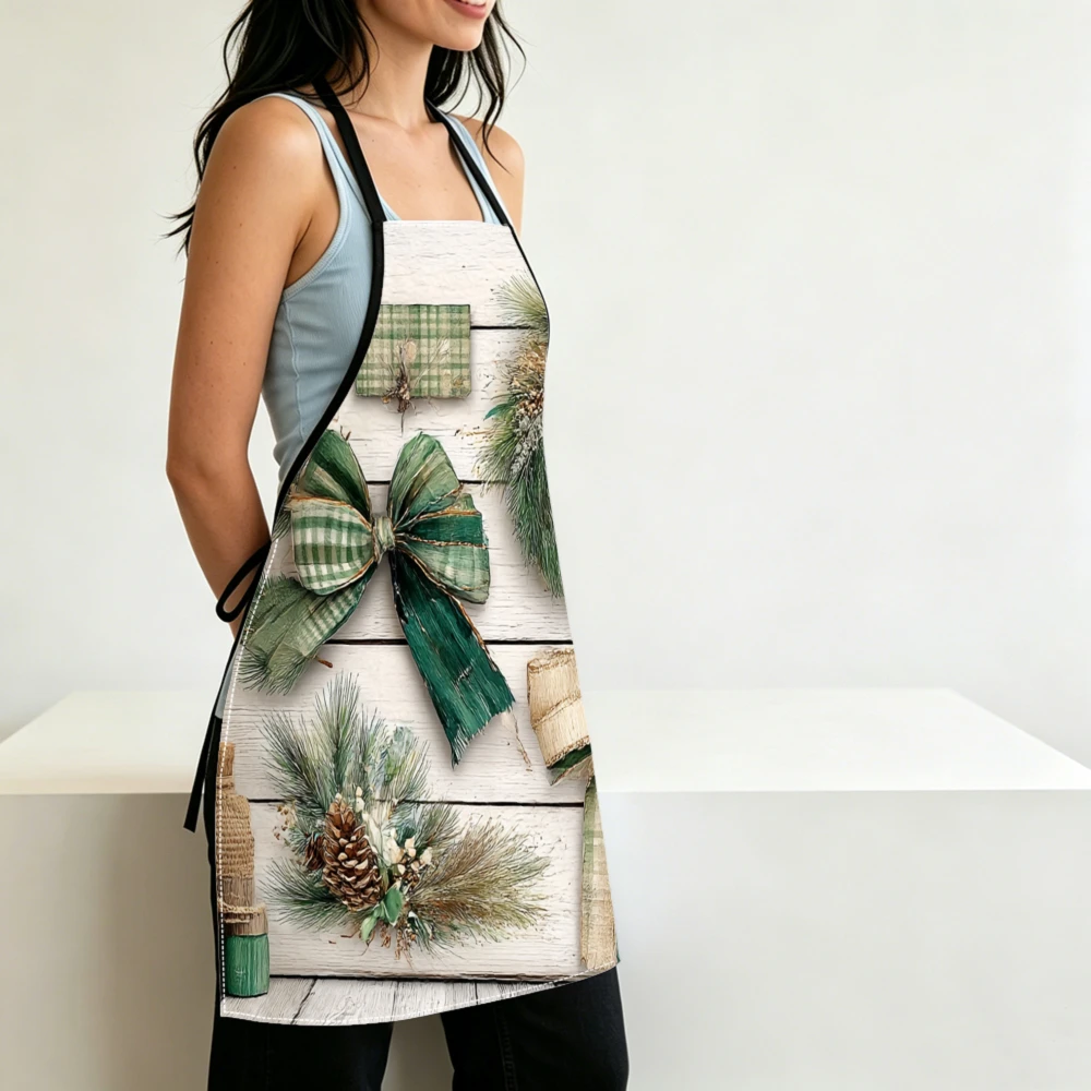 Rustic Christmas Apron Pinecone Wreath Print Kitchen Aprons Cooking Baking Adjustable Bibs