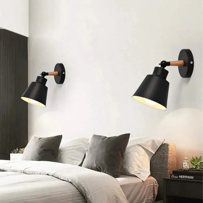 Fast Delivery Nordic Multicolor Iron Art and Wood Creative Simple Hotel Modern Wall Lamp E27 Bedside Wall Lamps