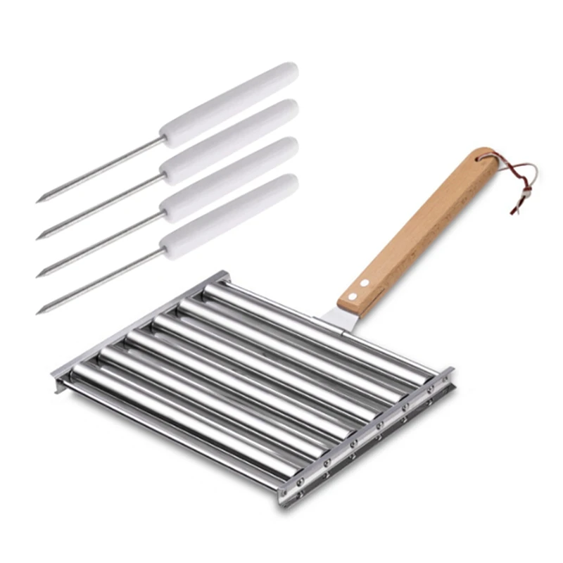 

Stainless Steel Hot Dog Roller For Grill, BBQ Sausage Roller Rack With Wood Handle,Portable Barbecue Essentials Tools Durable