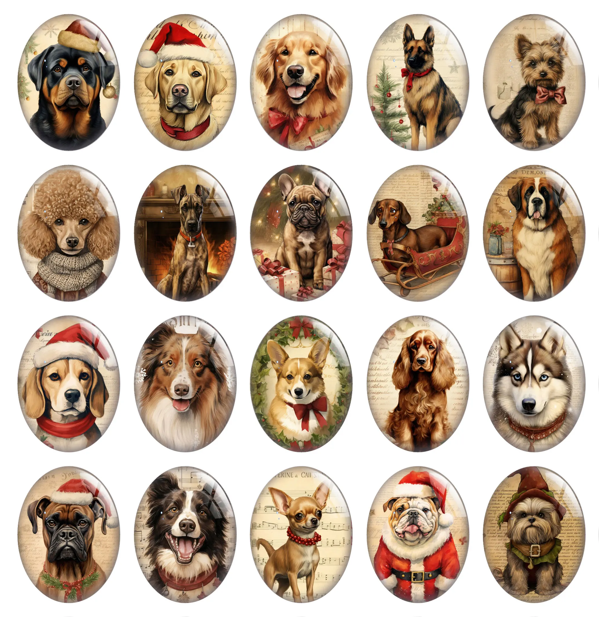 10pcs/lot Christmas X-mas Winter Cute Dog Puppy Pets Oval Photo Glass Cabochon Flatback Demo Cameo For Diy Jewelry Making