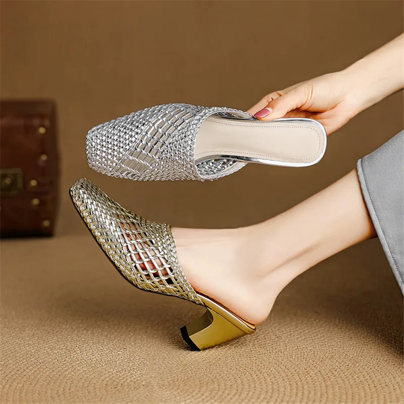 

New Summer Slippers Microfiber Slippers for Women Fashion Hollow Out Mules Square Toe High Heels Cover Toe Slippers Sandals