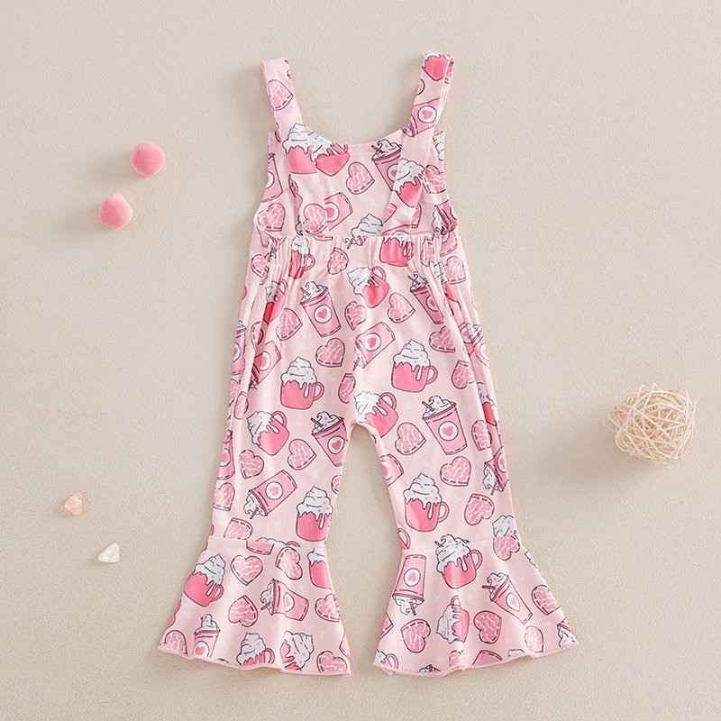 Kids Girls Bib Overalls Valentine Outfit Bow/Dessert Print Sleeveless Flared Jumpsuit Suspender Pants for Toddler Baby 6M-4Y