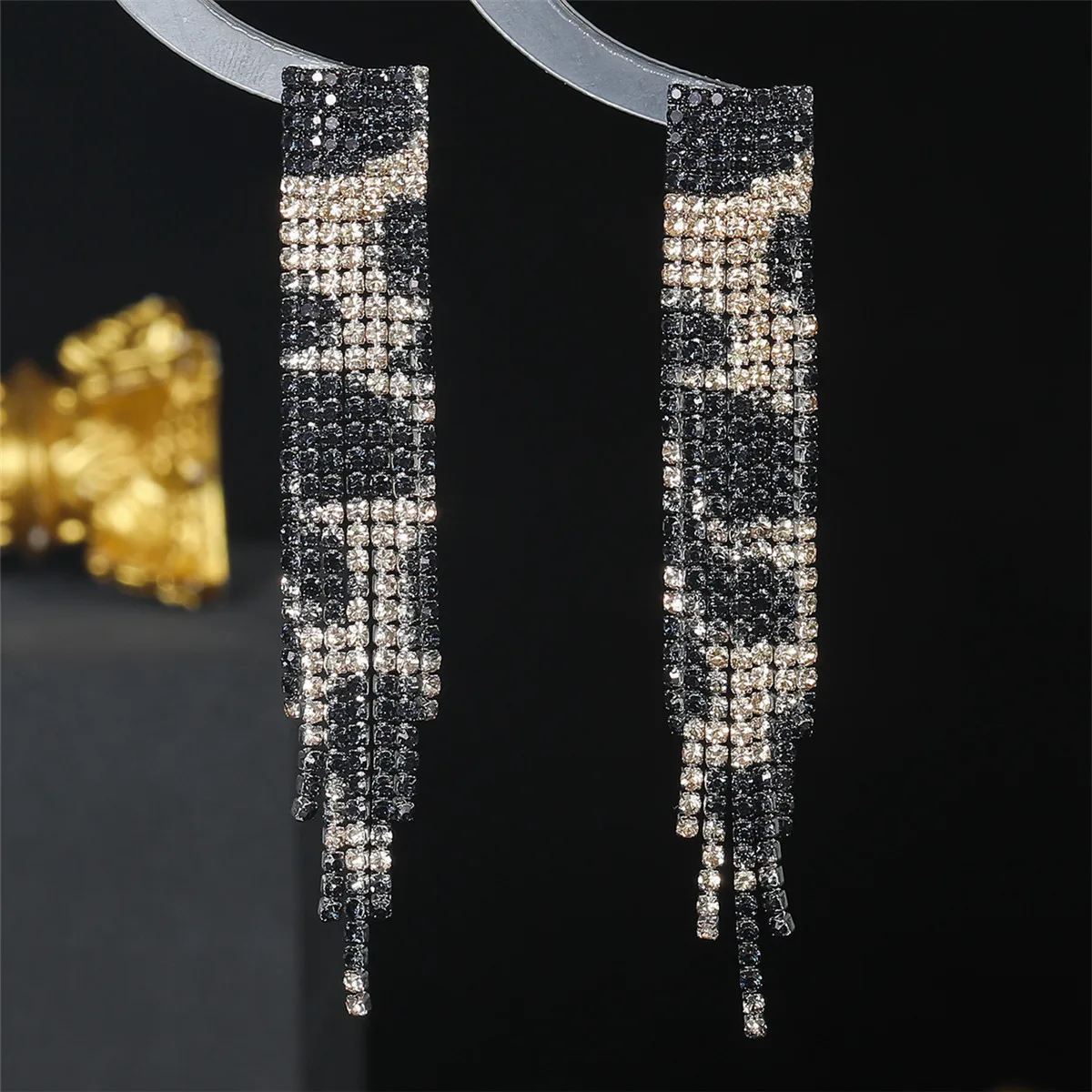 Retro shiny full diamond long tassel earrings