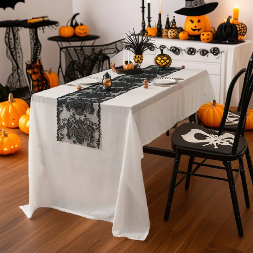 

Halloween Black Lace Table Runner Skull Design Soft Fabric Holiday Party Decor Dining Table Cloth Decoration Gothic Home Decor