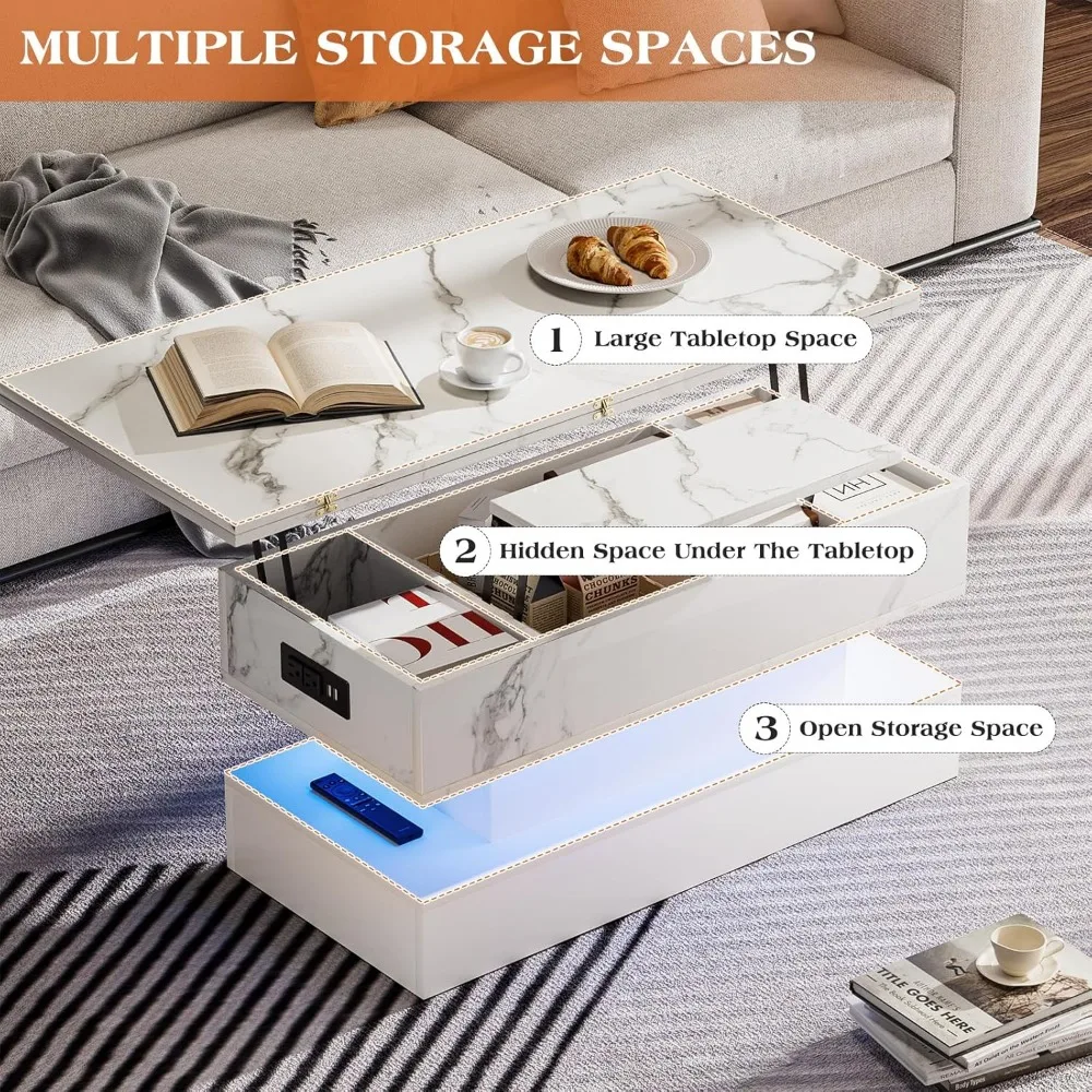 充電ステーション付きリフトトップコーヒーテーブル、モダンな高光沢LEDコーヒーテーブル（収納付き）、3 in 1多機能センターテーブル