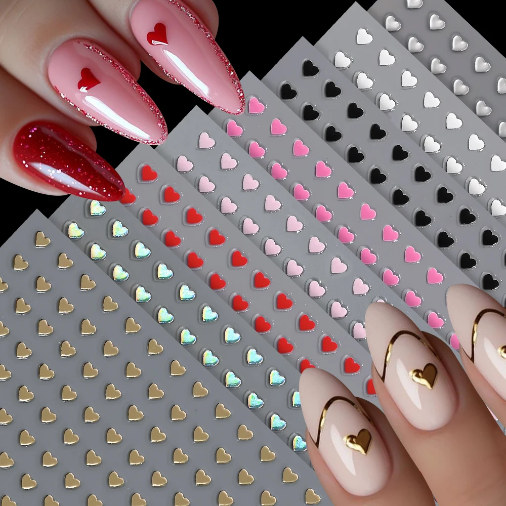 

8pcs/set 3D Love Heart Nail Art Stickers Black White Gold Silver White Pink Heart Adhesive Nail Decals Nail Decoration Supplies