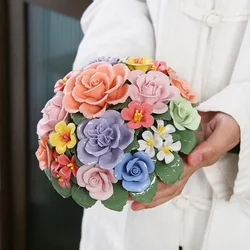 Ceramic Flowers Ornament Kawaii Simulation Flower Basket Ornaments Handmade Mini Flower Basket Home Decor Office Desk Decoration