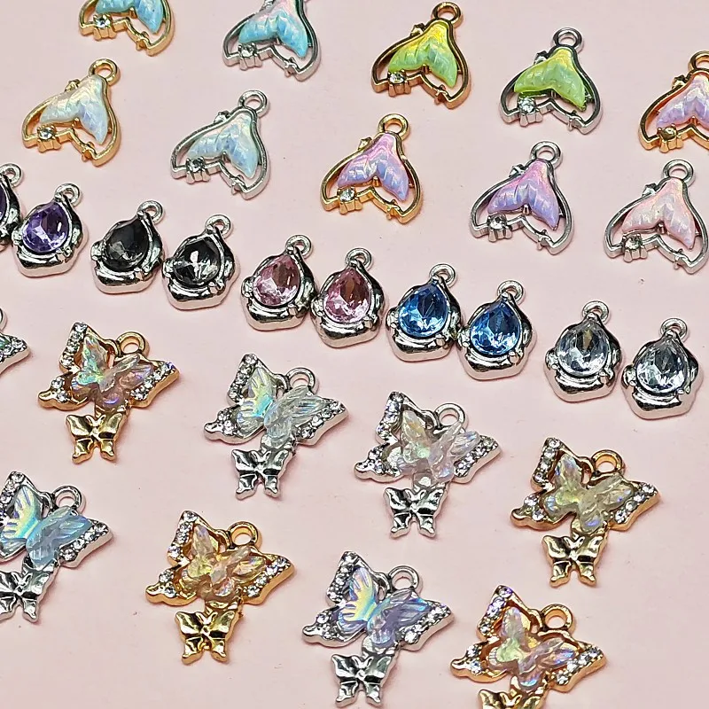 New 10pcs Sweet Fish Tail Bow Pendant Alloy Drip Oil Inlaid with Glass Crystal Beads Charm DIY Bracelet Earrings Accessories