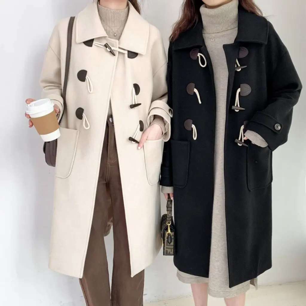 

Vintage Corner Button Woolen Coat Women's Mid-length 2023 Autumn and Winter New Korean-style Academy-style Thickened Woolen Coat
